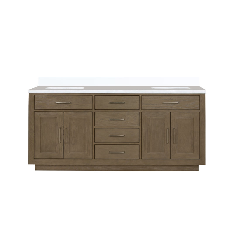72" Double Bathroom Vanity Set, Gray Oak, White Quartz