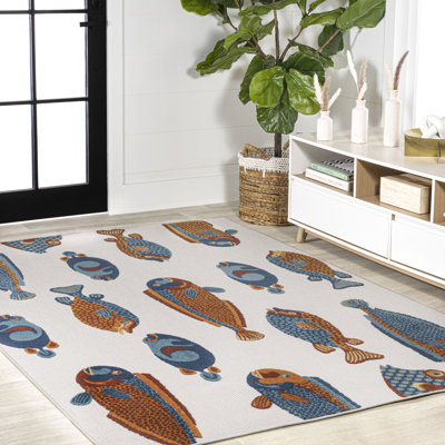 Wigand Modern Fish High-Low Navy/Orange/Cream Indoor/Outdoor Rug