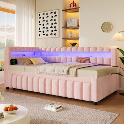 Lit de jour simple TG avec très grand lit tapissier avec couchette coulissante, lumières DEL, ports USB, support à lattes en bois, rose