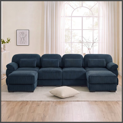 Canapé modulaire en forme de U Cloud Couch, canapé 4 places avec 2 repose-pieds, coussins de siège confortables et épais, tissu en velours côtelé respirant, bleu pour le salon