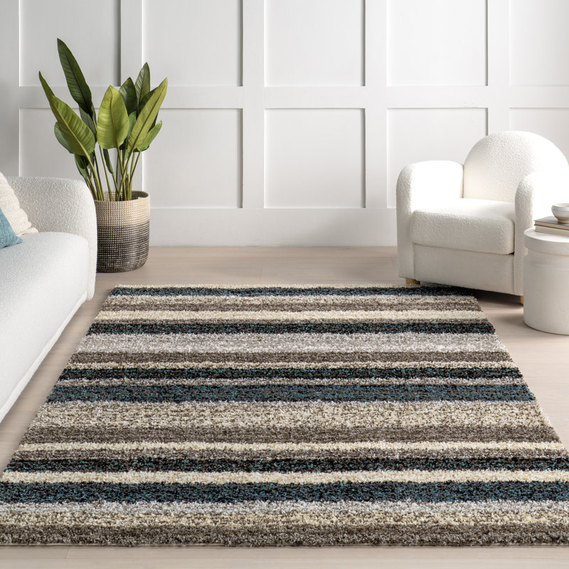Tapis à poil long brun / bleu sarcelle / bleu touffeté à rayures City, Carré 10 pi