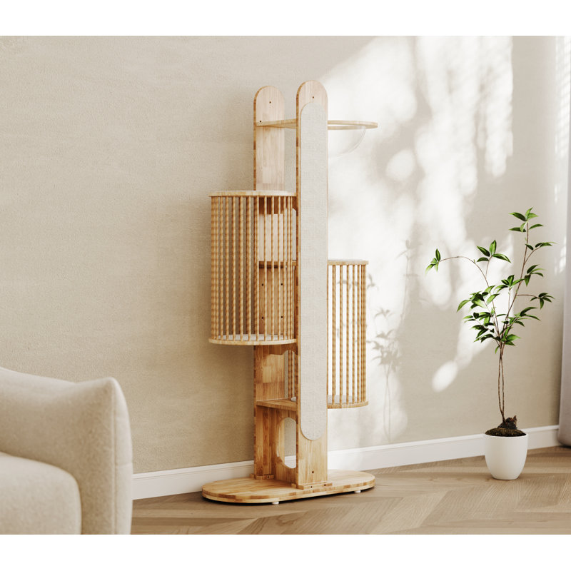 67" Okra Modern Cat Tree, 6-Level Solid Wood Cat Tower with Clear Acrylic Bowl, Natural Scratching Posts, Washable Cushions, Modern Cat Furniture for Indoor Cats White