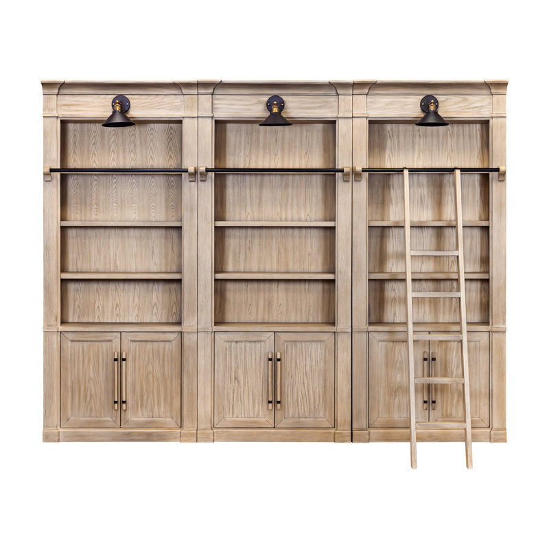 Bibliothèque murale Three Three de 8 pi avec échelle, rangement, tablette pour bureau, brun, Brun
