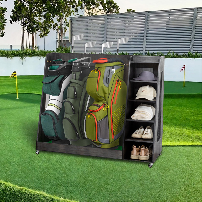 Support de rangement pour sac de golf en bois gris avec 3 tiroirs, pouvant contenir 2 sacs de support et 14+ bâtons, organisateur pour balles de golf, chaussures et accessoires, robuste pour le garage, utilisation intérieure et extérieure, assemblage f