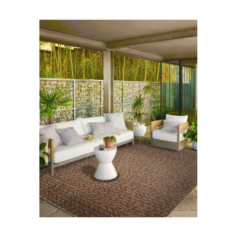 Tapis brun à rayures géométriques Washabla, Rond 4 pi