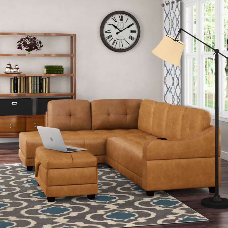 Gioia Faux Leather L-Shaped Sectional, Left Hand Facing, Off White Faux Leather