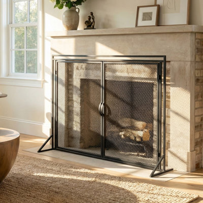 31" H X 40" W Traditional Iron Fireplace Screen with Mesh Netting Flat Decorative Guard Cover with Two Doors