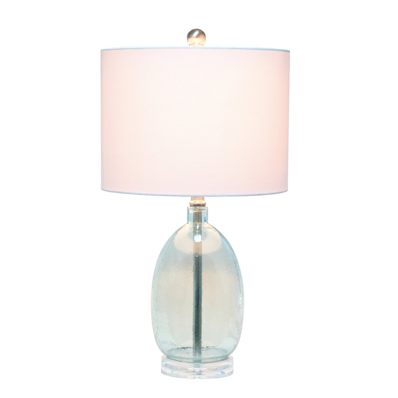 Clear Blue Glass Nightstand Lamp with White Barrel Shade