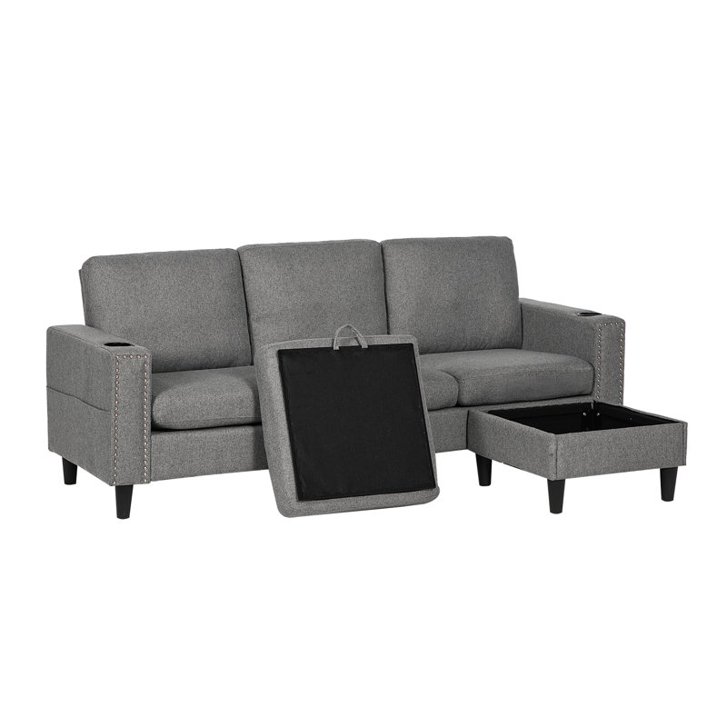 Upholstered L-Shaped 3-Seater Sectional Sofa with Footstool, Grey
