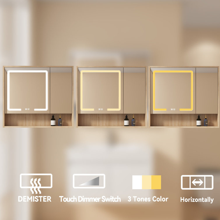 Medicine Cabinet Mirror with Led Light 32" W x 28" H Lighted Vanity Mirror Wall Mounted Bathroom Storage Cabinet,Defog,Stepless Dimming,Medicine Cabinet with Lights 3-Colour Temper Chang,GreyWalnut
