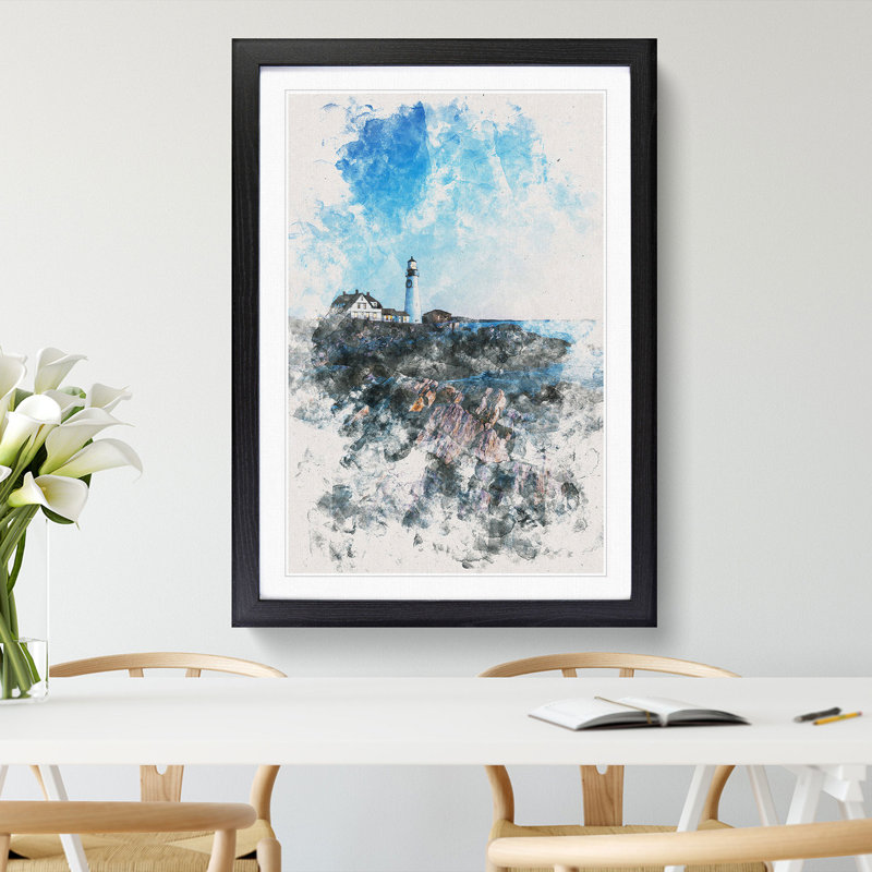 Lighthouse in Cape Elizabeth Maine - Picture Frame Painting Print, Black Framed, 45cm H x 33cm W x 2cm D