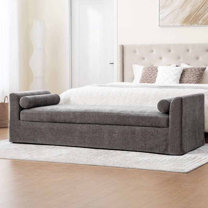 88.5" W Slipcovered Chenille Upholstered Bench, Gray