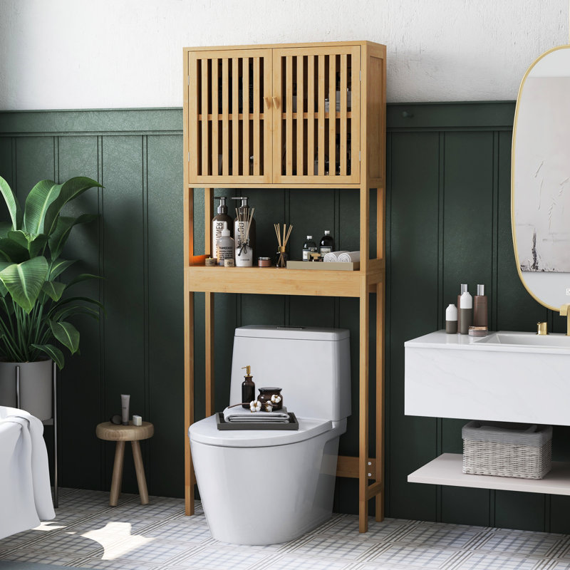Over Toilet Shelf Storage Unit - Practical Bathroom Organizer With Slatted Doors And Adjustable Cabinet Spacious Shelves