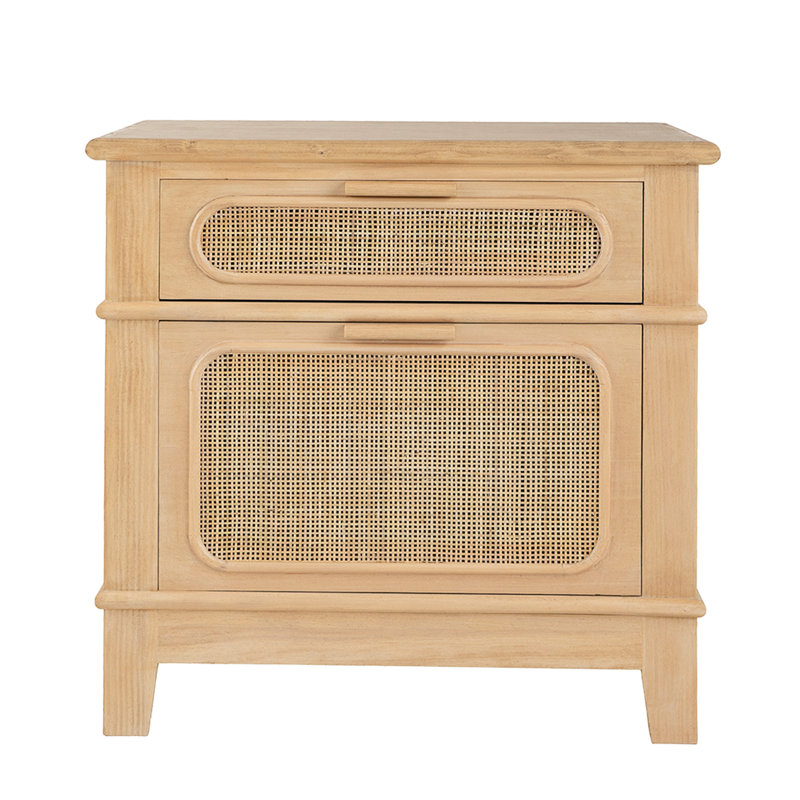 Table de chevet style bohémien Mid-Century 27,5 x 18 x 26 po, placage en bois de pin et insert de style canne