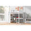 Lit mezzanine blanc avec bureau et tablette. Économisez de l'espace dans la chambre à coucher. Fabriqué en pin massif. . Garde-corps. Parfait pour les petites chambres. 78 po x 57,6 po, 70,9 po. Sans rangement en bois pour matelas.-1667426366