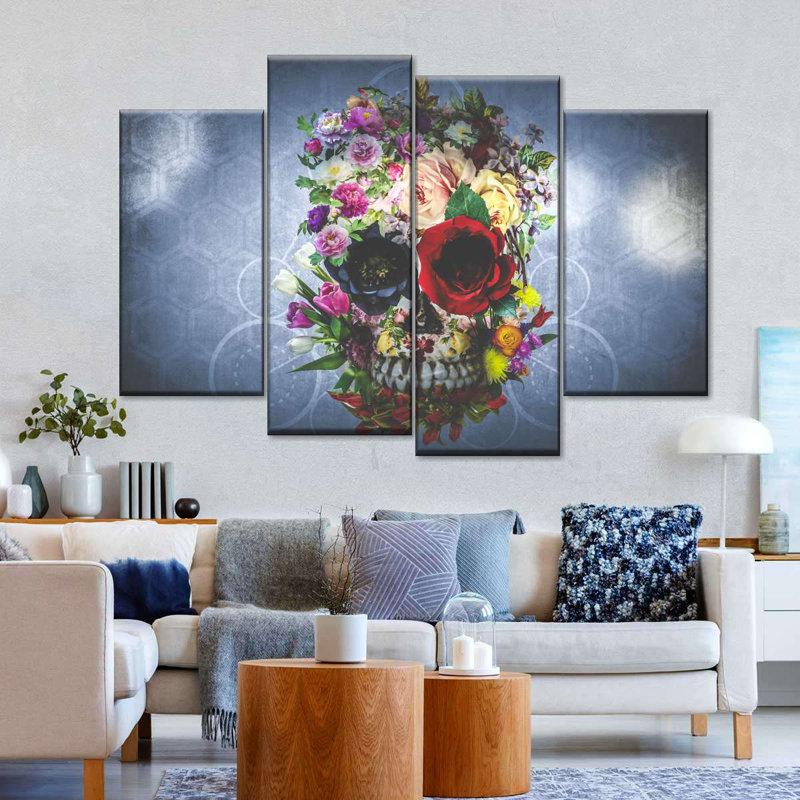 Crâne de fleurs de crâne colorées sur toile, 4 pièces, H 42 po x l 68 po x P 1 po