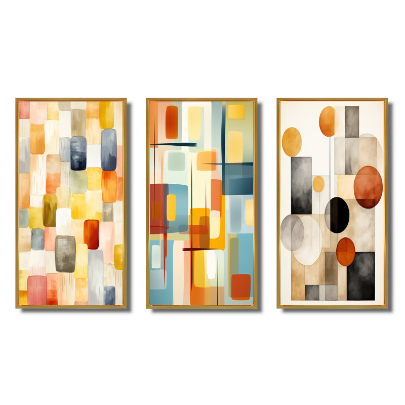 Retro Cubist Abstract Retro Composition - Modern Midcentury Art Set Of 3 Pieces, Cadre flottant doré, H 20 po x l 36 po