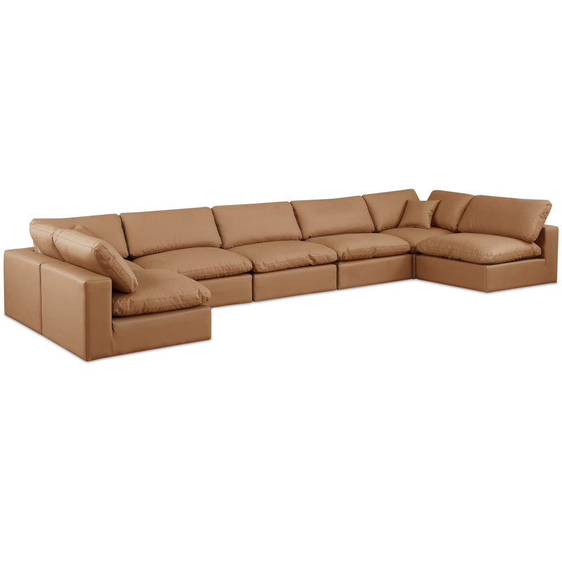 Huspon Upholstered U-Shaped Sectional Reversible, Cognac Vegan Leather