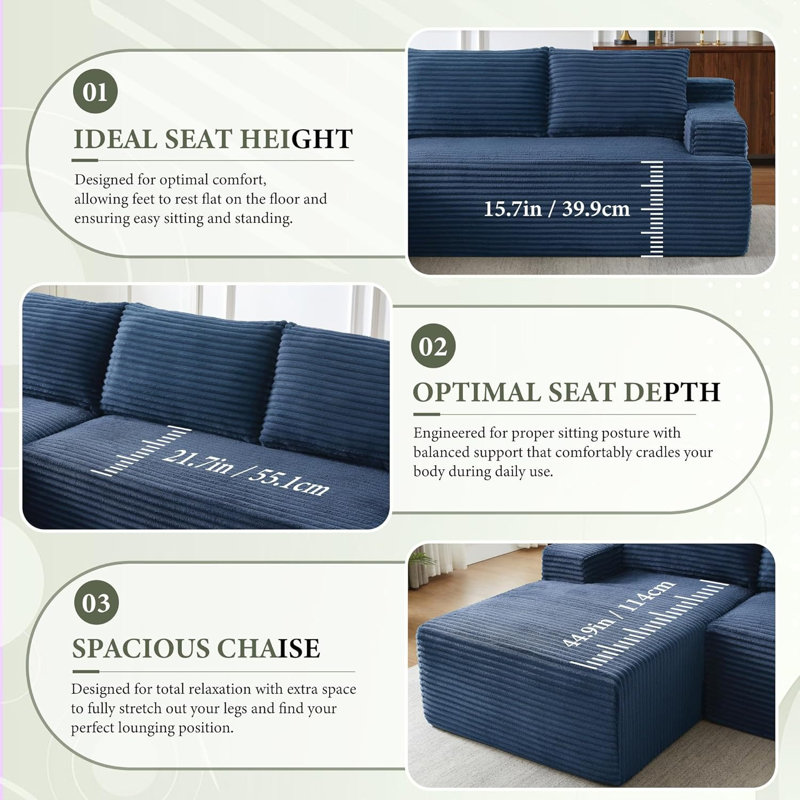 Boneless 96" Cloud Sectional Couch with L-Shaped Chaise, Corduroy Sectional Sofa with Ottoman, Boneless Couch with Deep Seat in a Box for Living Room, No Assembly Required