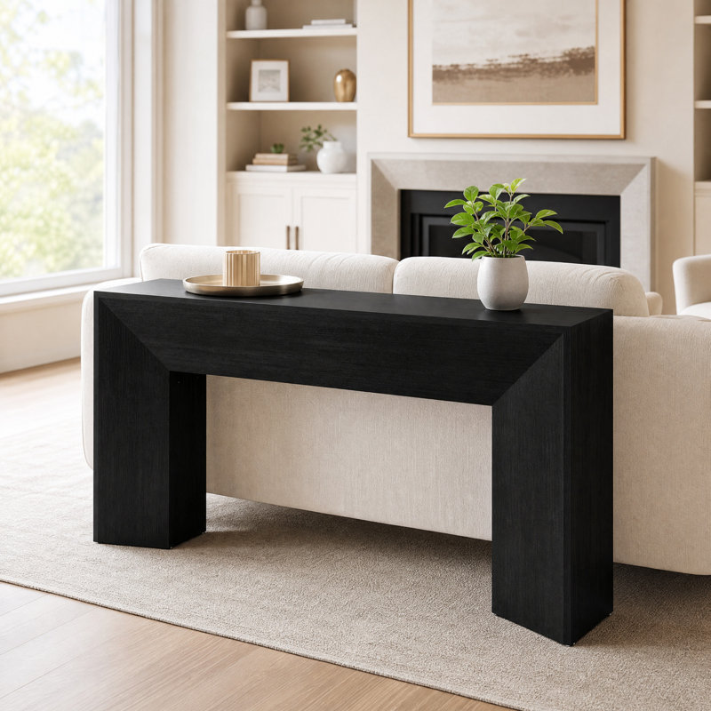 62.99" W Geometric Pedestal Console Table, Black Wood 