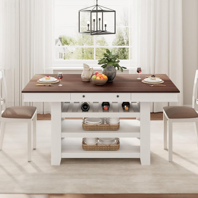 60" Counter Height Dining Table for 4, Farmhouse Rectangular Bar Height Kitchen Table & Thick Table Top, with Deepened Wine Rack & Shelves for Kitchen by Millwood Pines