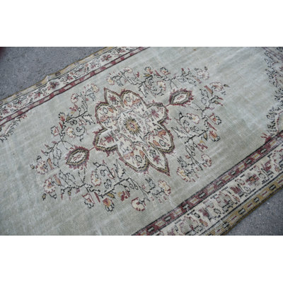 Handwoven Vintage Turkish Area Rug with Elegant Mint Green Floral Pattern Beige/Green