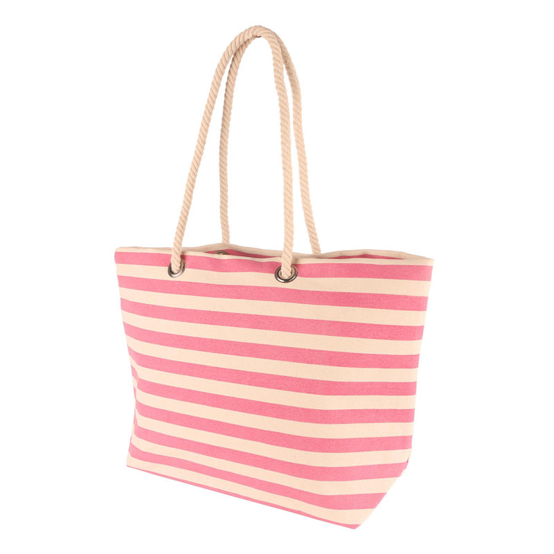 Large Striped Canvas Tote Beach Bag - 55cm x 36cm, Pink/Beige
