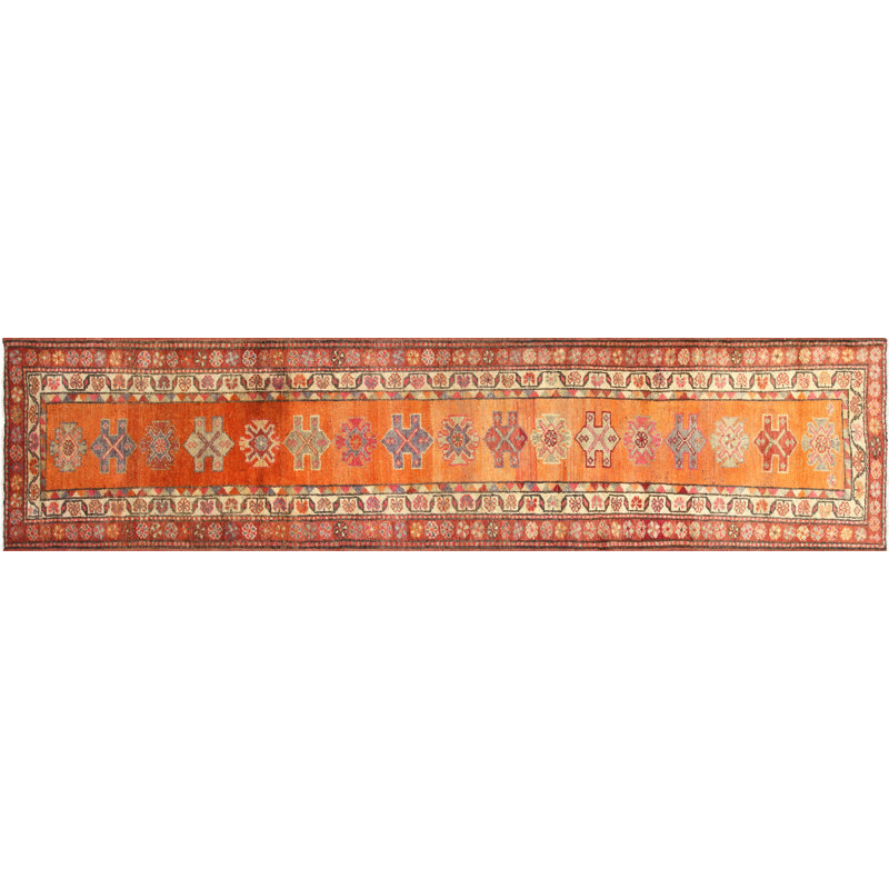 Tapis de couloir unique en laine noué à la main de style années 1960 de 3 pi x 12 pi 9 po en orange / rouge / crème