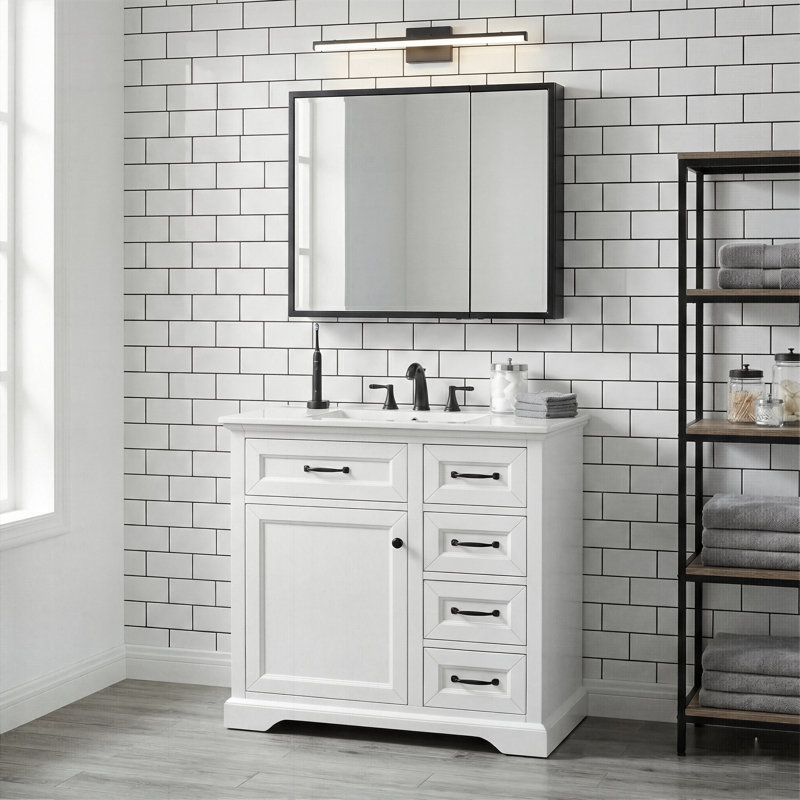 Meuble-lavabo 36 po avec lavabo en céramique, 2 tiroirs, support de porte et structure en bois massif (gris clair / blanc / bleu gris)
