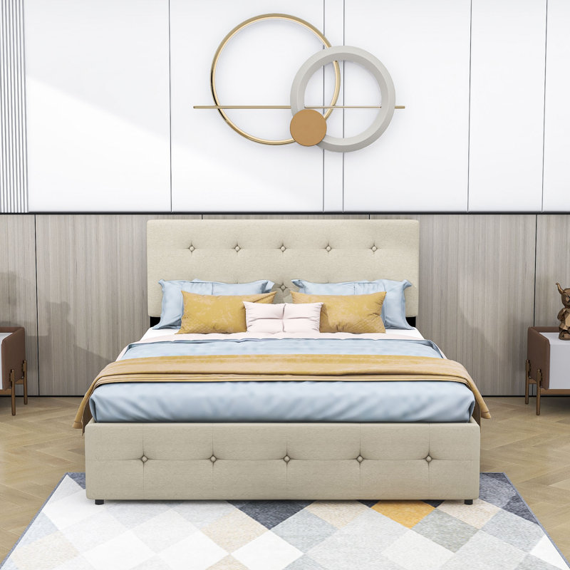 Upholstered Platform Storage Bed, Beige