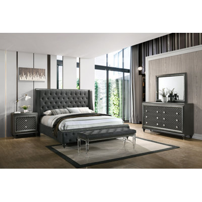 Harkleroad Gray Upholstered Panel Bedroom Set Special 4 Bed Dresser Mirror Nightstand -  Rosdorf Park, 795E590ED91F4B8392690FB6B46549C4