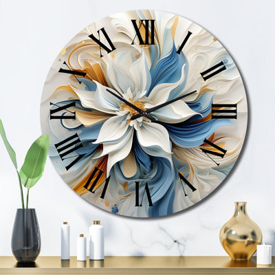 Wall Clock, Magnolia Floral Abstract Decor - Abstract Blooming Magnolia White Amber Blue