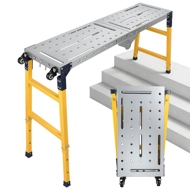 Grand support de plateforme de travail en acier galvanisé 1000 lb 55 po x 14 po, hauteur de 23,6 à 35 po, plateforme portable pliable réglable, échelles de la plateforme de résistance à la corrosion avec roulettes