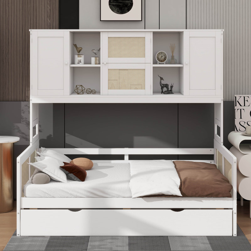 Lit de jour en bois avec couchette coulissante et armoire intégrée, Lit simple, Blanc