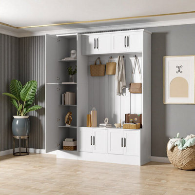 79" White Modern Hall Tree with Shoe Storage – 6 Cabinets, Entryway Bench & Adjustable Shelf