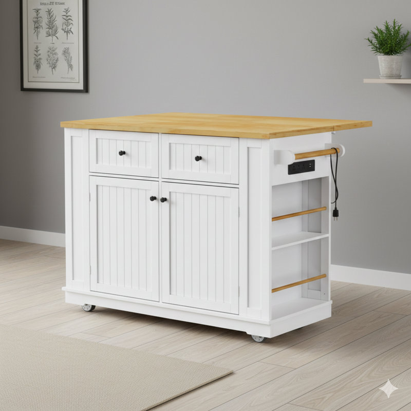 48-Inch Large Rolling Kitchen Island with Drop-Leaf Counter, Power Outlet, Internal Storage Compartment, 5 Casters, and 5 Open Side Shelves – White Finish, Two Box Delivery (Stools Not Included)