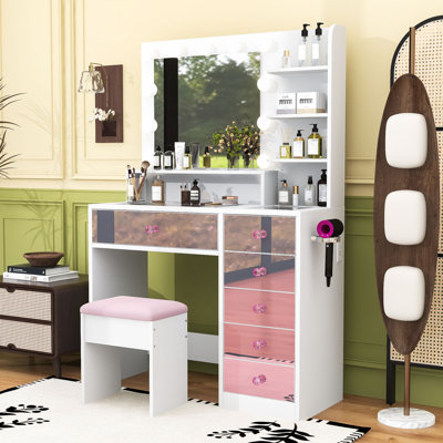 Glass-Top Vanity Desk with 11 Hollywood Bulbs, Charging Station, 6 Drawers, Shelves and Padded Stool