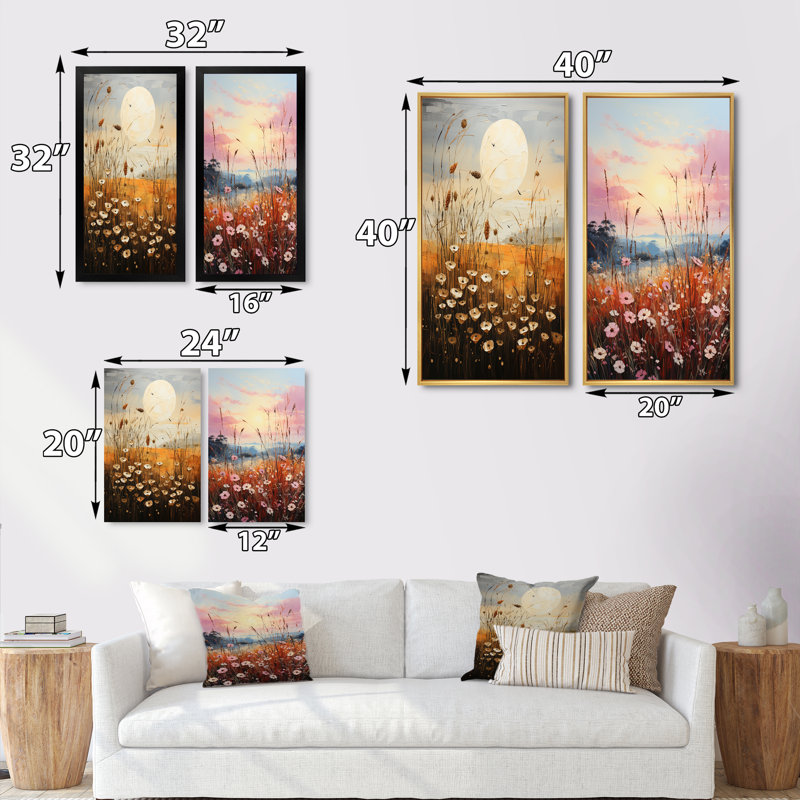 «Meadow Grasslands Pointillism» 2 - pièces sur, Encadrement brun, H 40 po x l 40 po