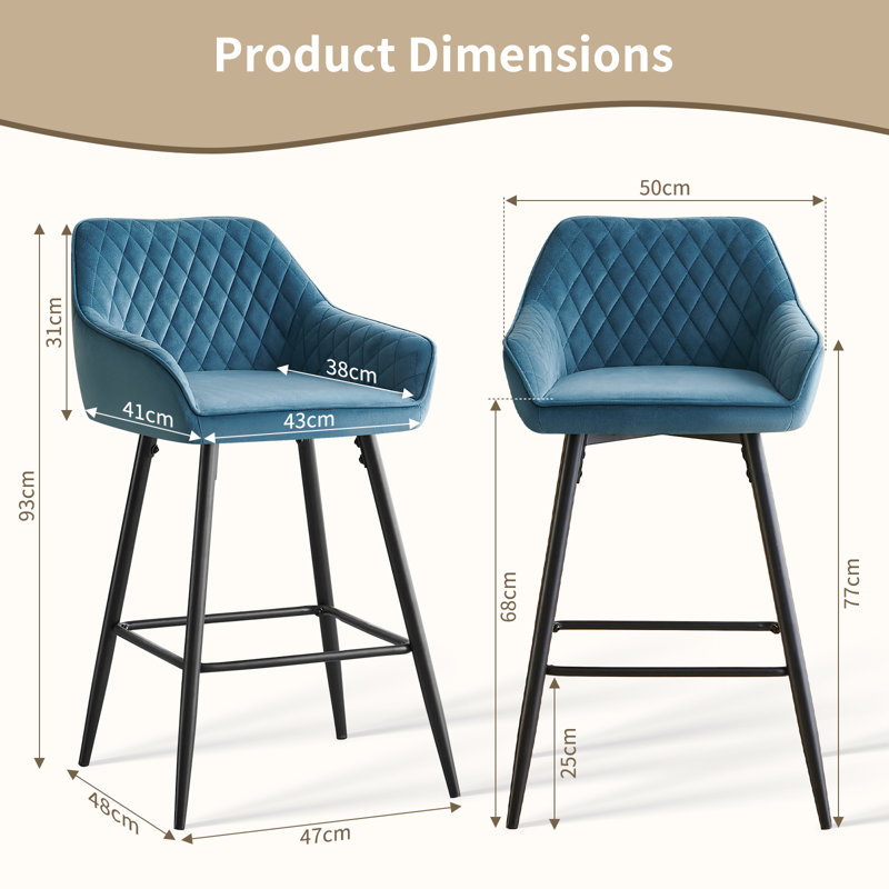 Saarrah 68cm Upholstered Bar Stool with Arms, Teal Velvet, 2