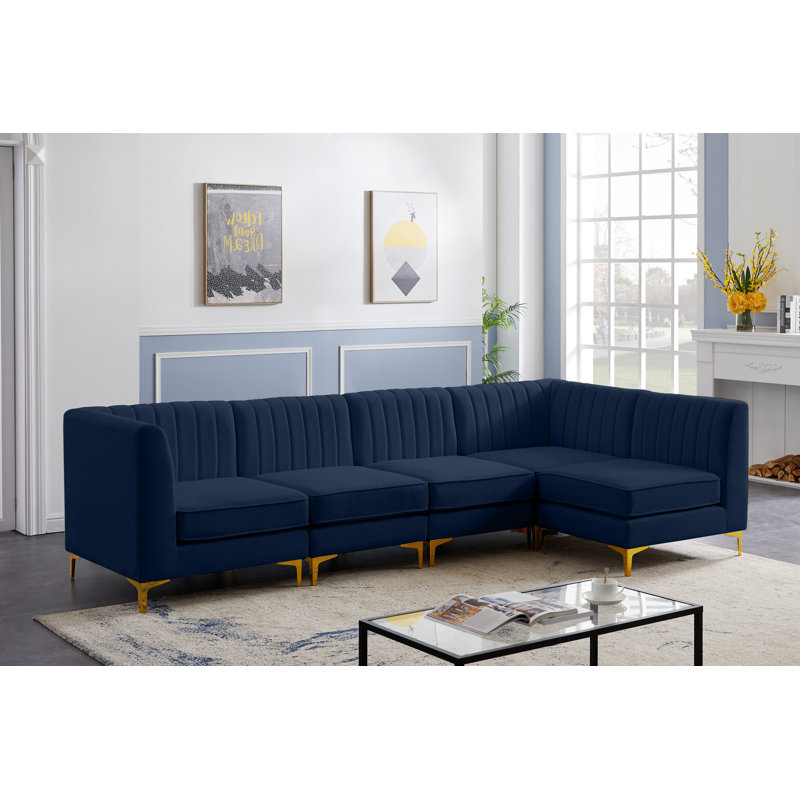 Enson Velvet L-Shaped Sectional Reversible, Navy Velvet