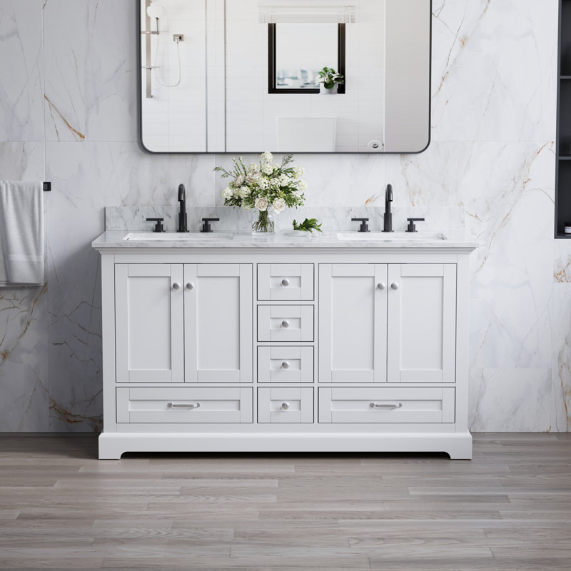Meuble-lavabo en bois massif 60 po avec comptoir en marbre et lavabo double, Blanc, Blanc de Carrare