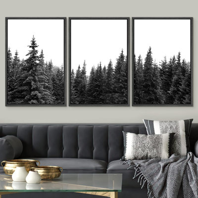 Misty Forest Landscape " Woodland Nursery Decor Black And White Forest Photo Nature Illustrations Abstract " 3 - Pieces