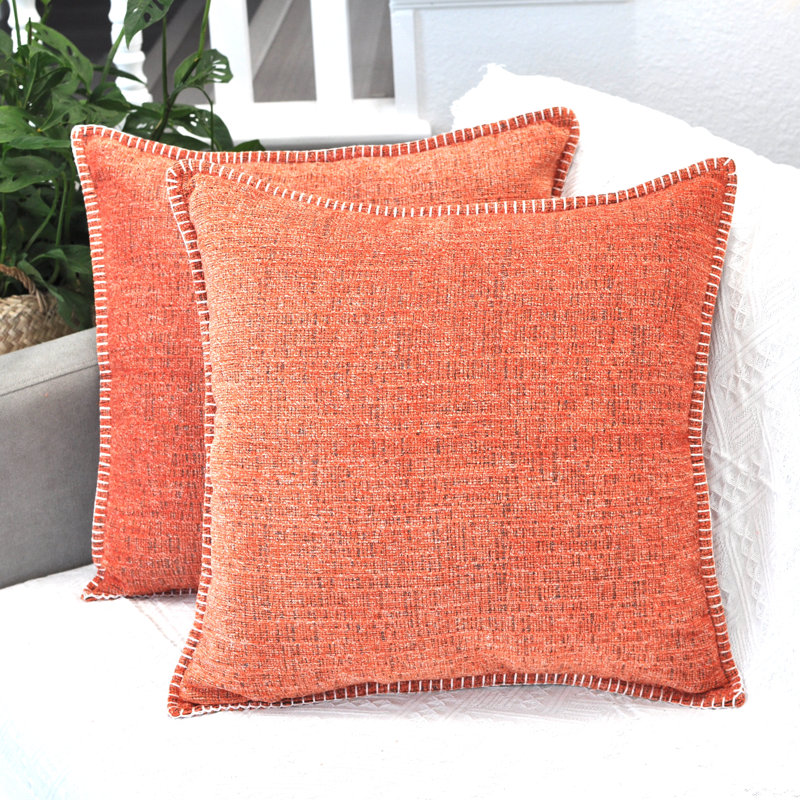 Housses de coussin en chenille douce avec bord cousu, Orange, 26 po x 26 po, Avec inserts en polyfill