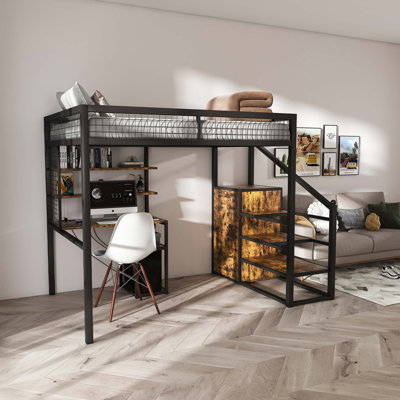 Lit mezzanine double avec bureau, armoire, rangement pour escalier et station de charge USB / AC