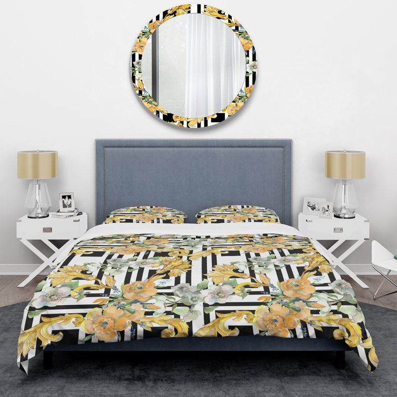 Yellow/Black/White Microfiber Duvet Cover Set, Queen Duvet Cover + 2 Standard Shams