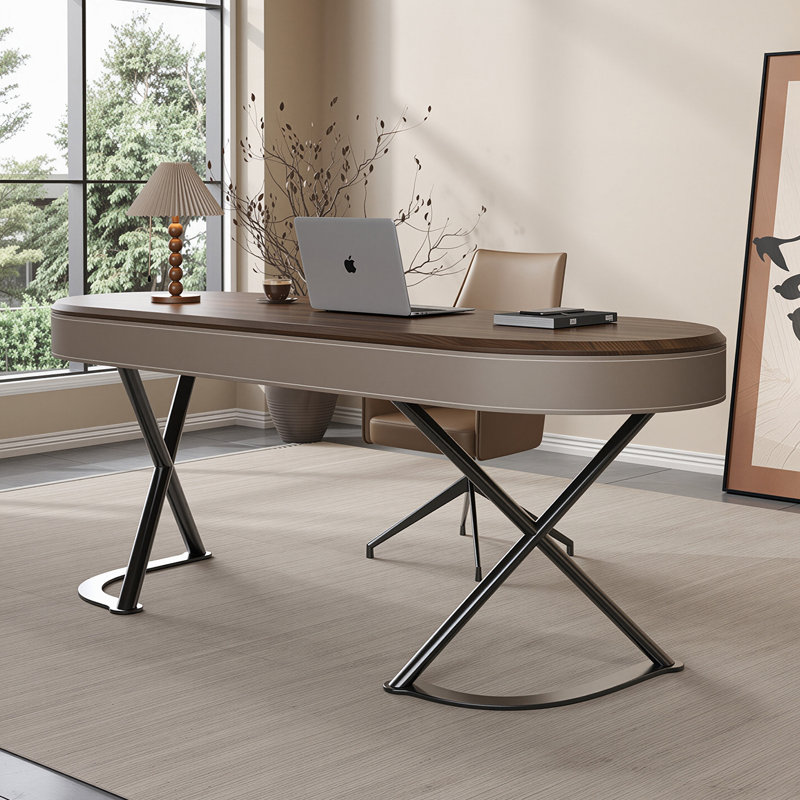 Bureau de 62,99 po en forme d'arc brun à la fois luxueux et minimaliste, H 29,53 po x l 62,99 po x P 27,56 po