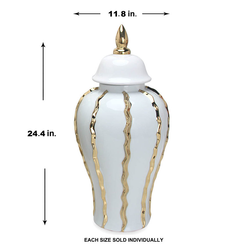 Pot à gingembre en céramique blanc fait à la main avec détails dorés Gingell (3 tailles), H 24,4 po x l 11,8 po x P 11,8 po