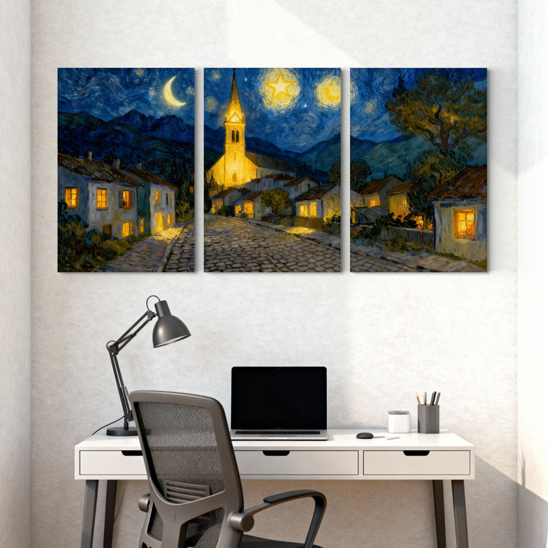 Abstrait, nuit étoilée, village, scène d'églises, ensemble de 3 impressions sur toile, H 24 po x l 48 po