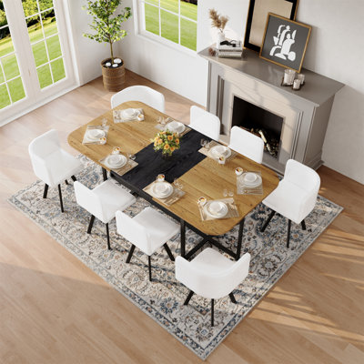 Ensemble de table de salle à manger 9 pièces 9 pièces, plateau de table fixe en deux tons grain de bois et triamine de grain de bois noir avec 8 chaises en similicuir blanc, ensemble de table de cuisine moderne pour 8 personnes, idéal pour les réunions de famille