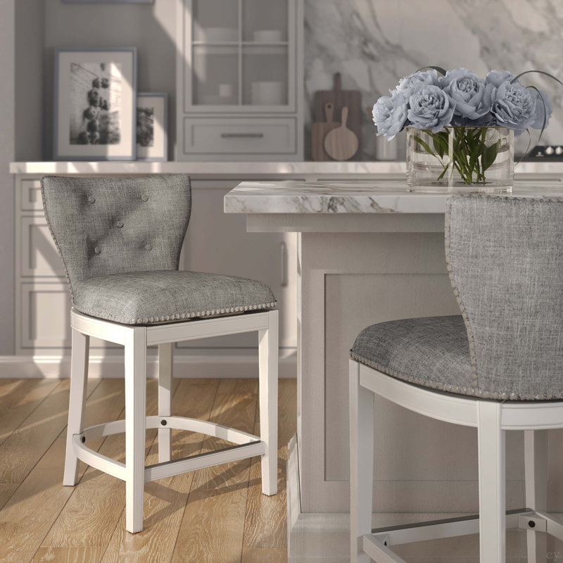 Tabouret de bar pivotant rembourré avec dossier, blanc avec revêtement gris